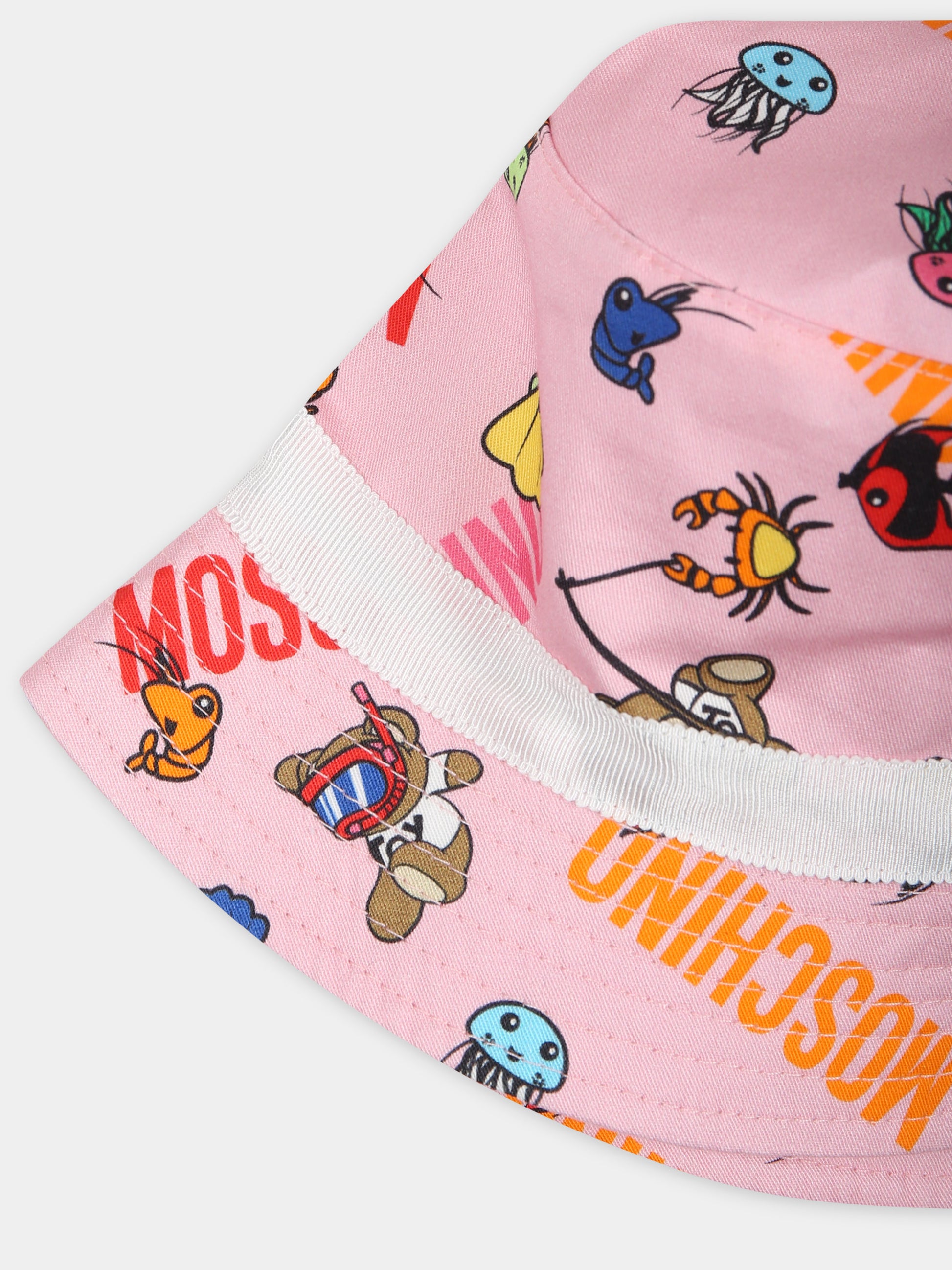 Cloche rosa per neonata con fantasia animaletti e logo multicolor all-over,Moschino Kids,MUX04Q LOB17 85841