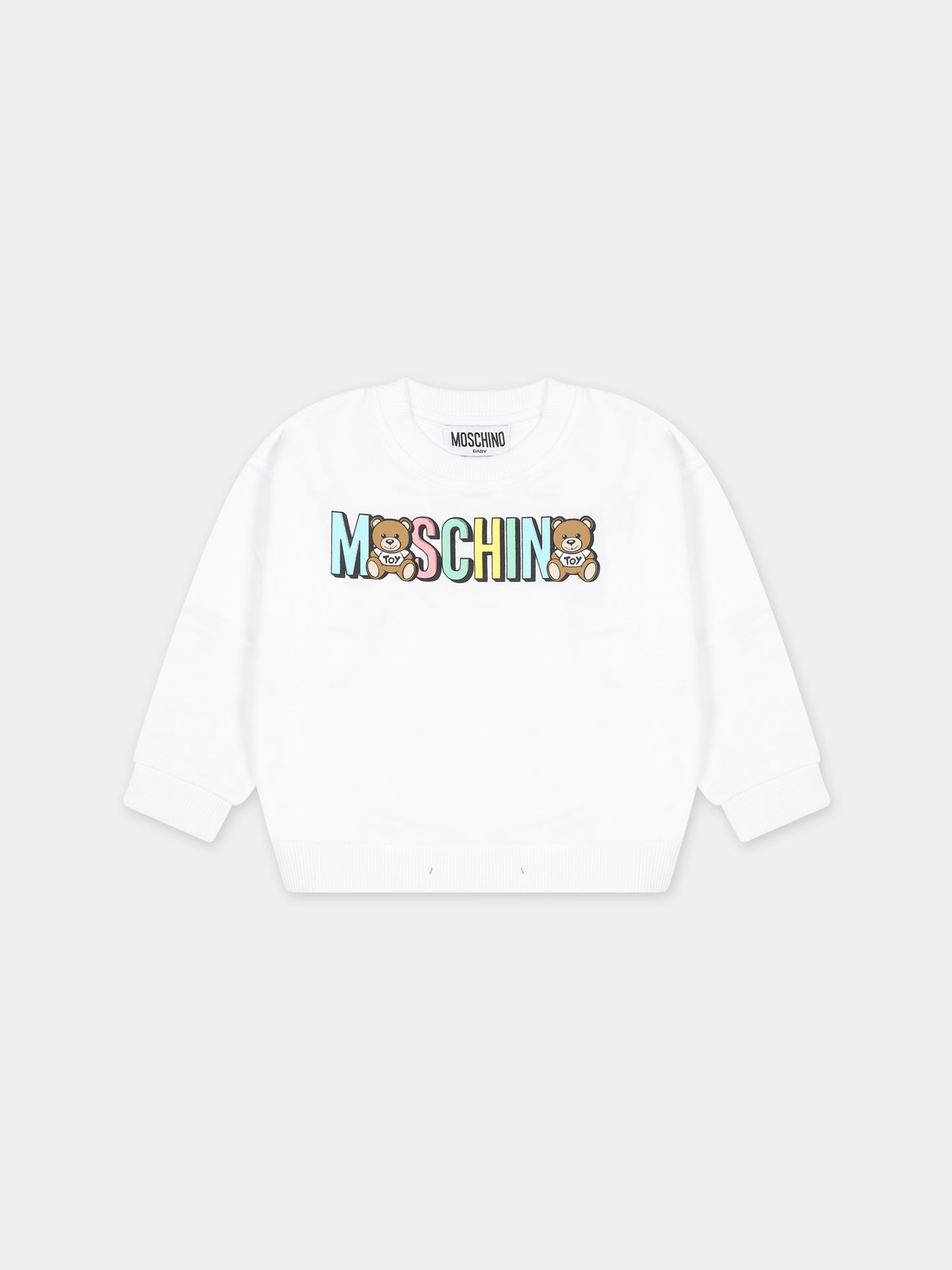 Felpa bianca per neonati con Teddy Bears e logo,Moschino Kids,MTF03N LCA51 10101