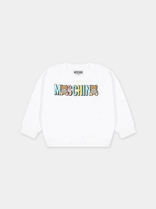 Felpa bianca per neonati con Teddy Bears e logo,Moschino Kids,MTF03N LCA51 10101