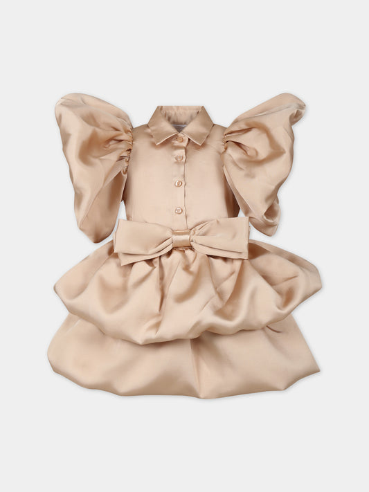 Vestito beige per bambina con ruches e fiocco,Caroline Bosmans,SS24 4006B 60 4011