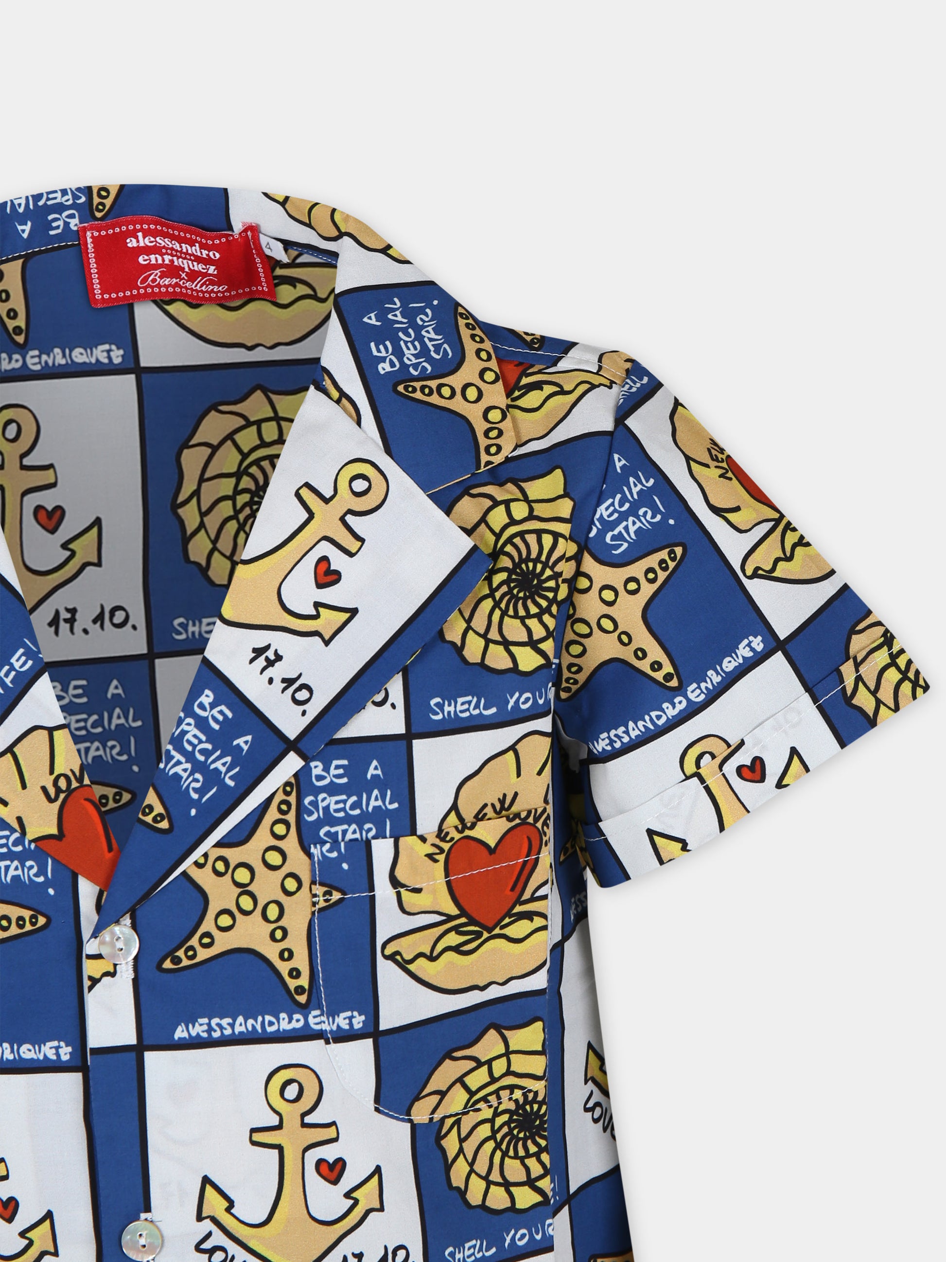 Camicia blu per bambini con stampa pop,Alessandro Enriquez X Barcellino,112101