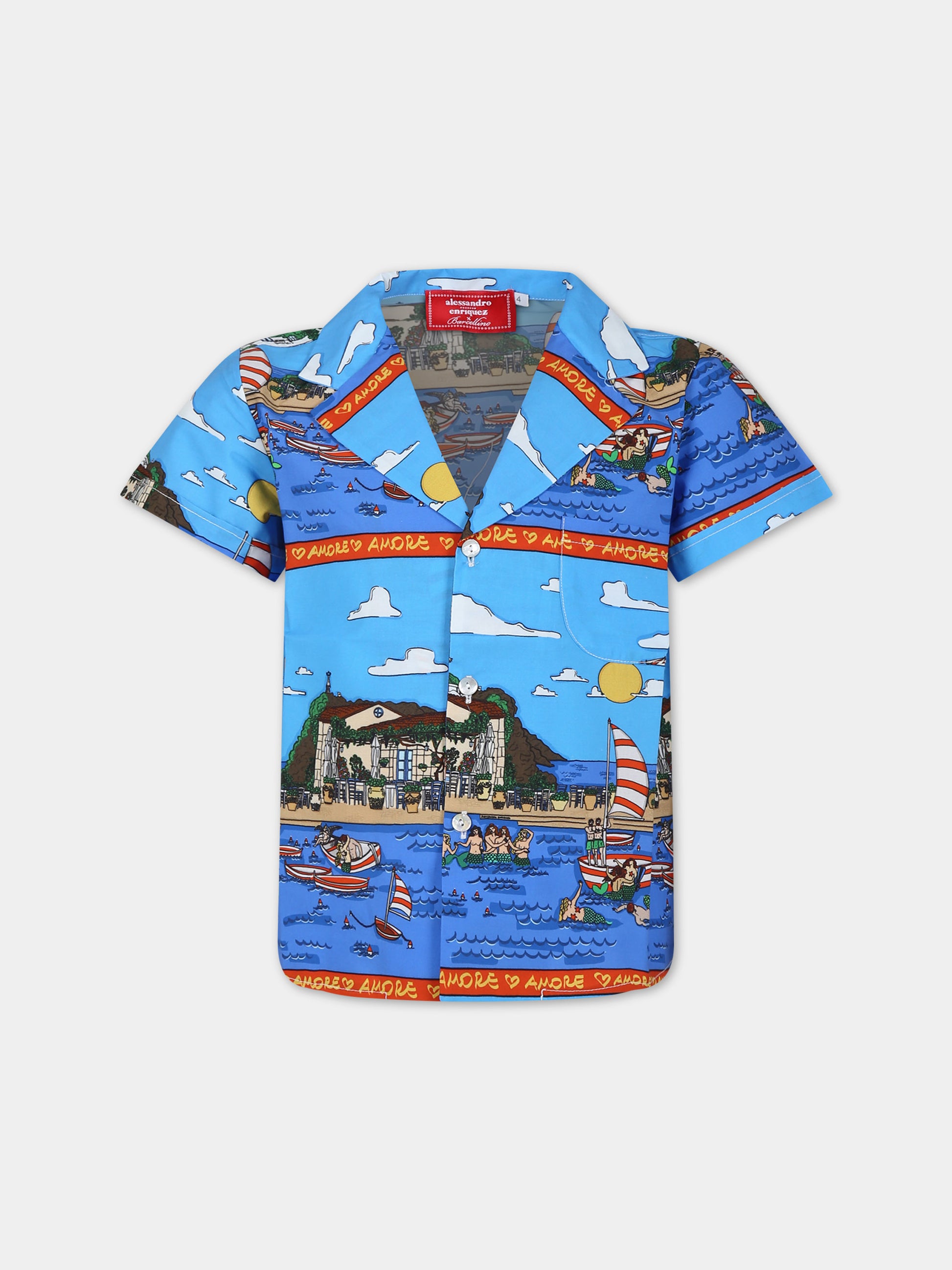 Camicia azzurra per bambini con stampa pop,Alessandro Enriquez X Barcellino,112301