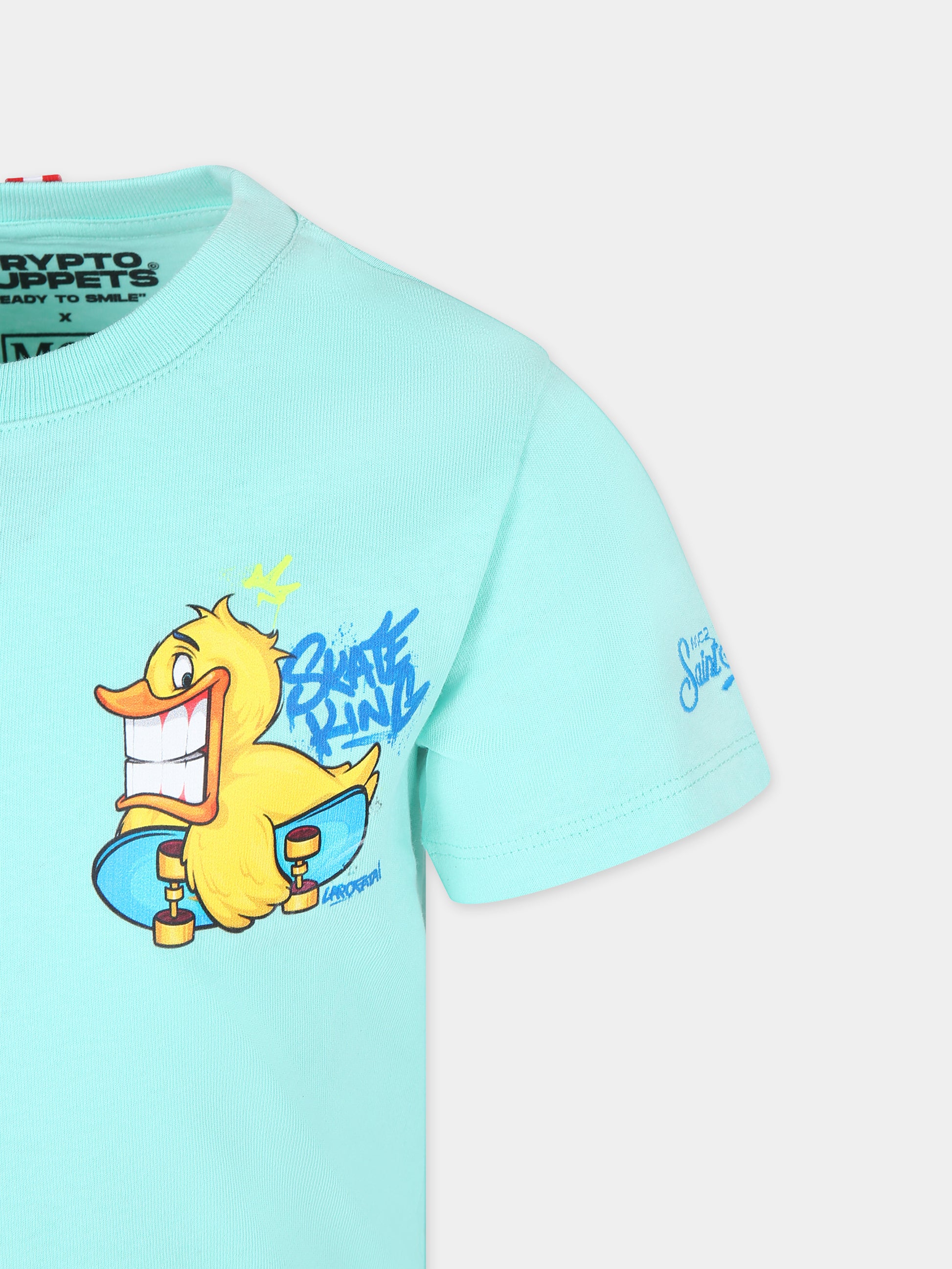 T-shirt verde per bambino con papera e logo,Mc2 Saint Barth,TSH0001 00594F