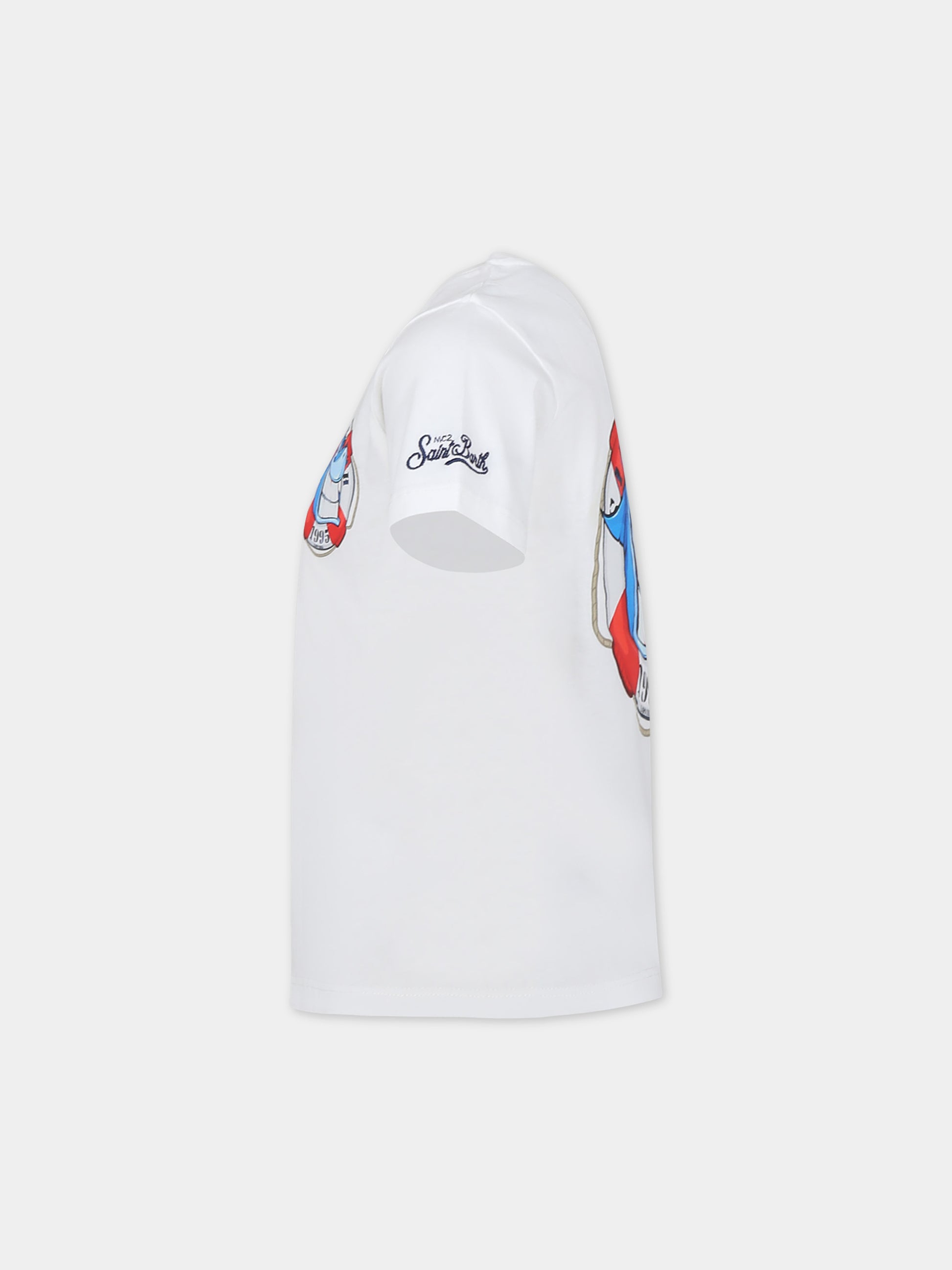 T-shirt bianca per bambino con squalo e logo,Mc2 Saint Barth,TSH0001 03060F