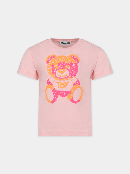 T-shirt rosa per bambina con Teddy Bear e logo,Moschino Kids,HUM04C LAA01 50209