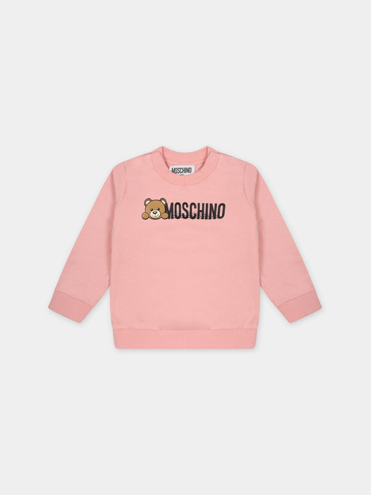 Felpa rosa per neonata con Teddy Bear,Moschino Kids,MOF04Q LCA40 50209