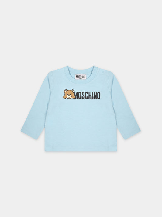 T-shirt celste per neonato con Teddy Bear e logo,Moschino Kids,MTO00D LAA01 40304