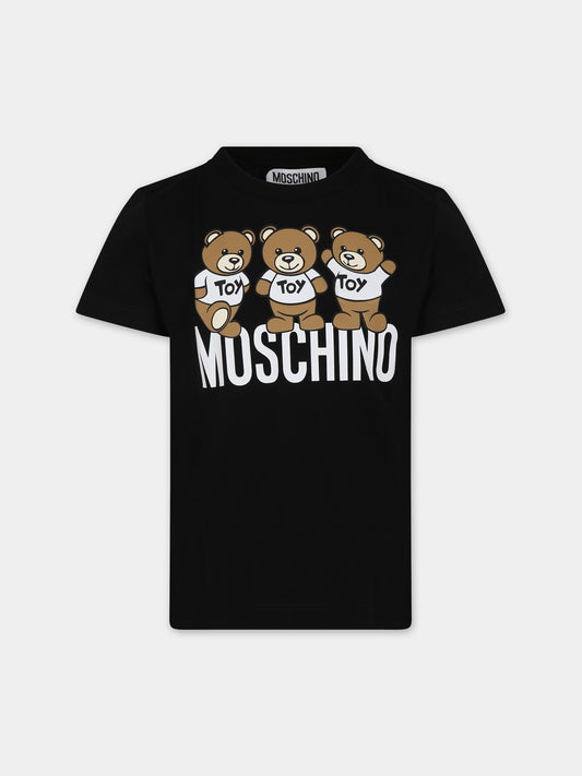 T-shirt nera per bambini con Teddy Bears e logo,Moschino Kids,HVM03U LAA34 60100