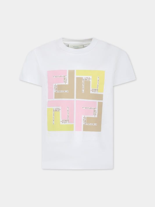 T-shirt bianca per bambina con iconiche FF,Fendi Kids,JUI158 7AJ F14OS