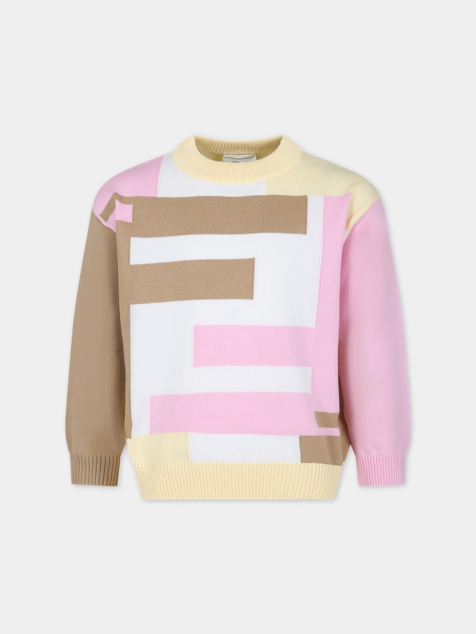 Maglione giallo per bambina con iconiche FF,Fendi Kids,JUG164 AQUG F14OQ