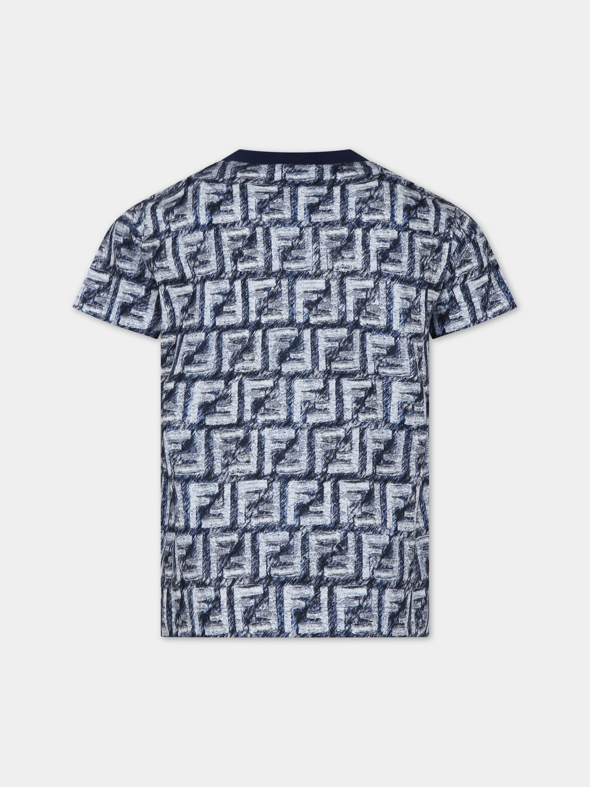 T-shirt blu per bambino con iconiche FF,Fendi Kids,JMI451 AQTS F04V6