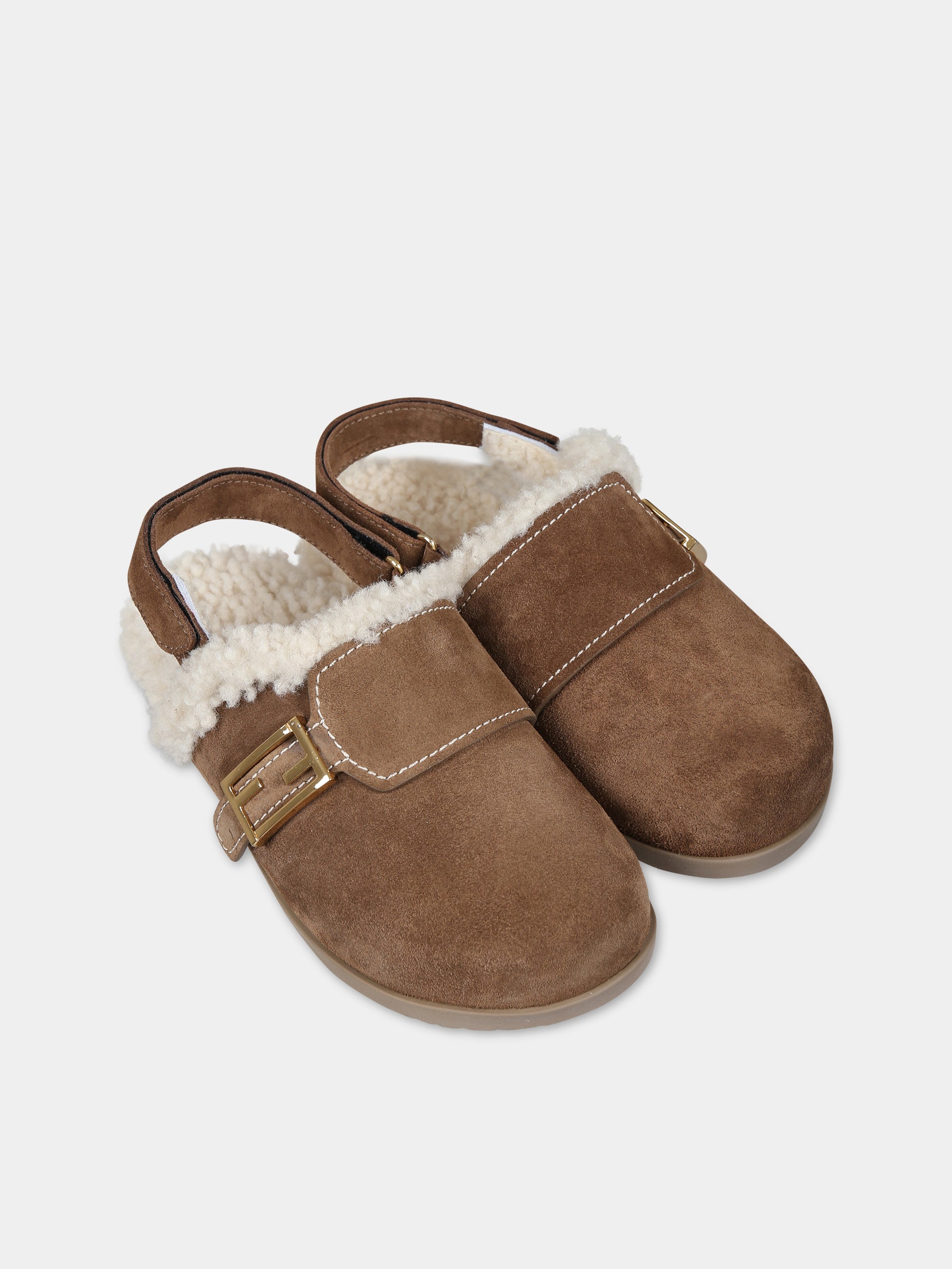 Sabot marroni per bambini con doppia F,Fendi Kids,JMR449 TK6 F1LSB