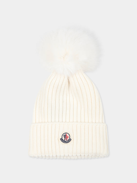 Berretto avorio per bambini con logo,Moncler Kids,J2954 3B00014 M1131 030