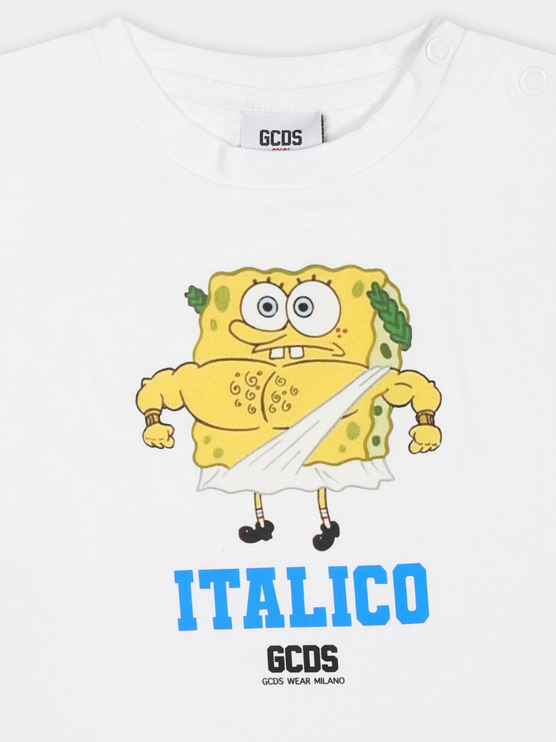 T-shirt bianca per neonata con stampa Spongebob,Gcds Kids,GRM002 LAA29 10101