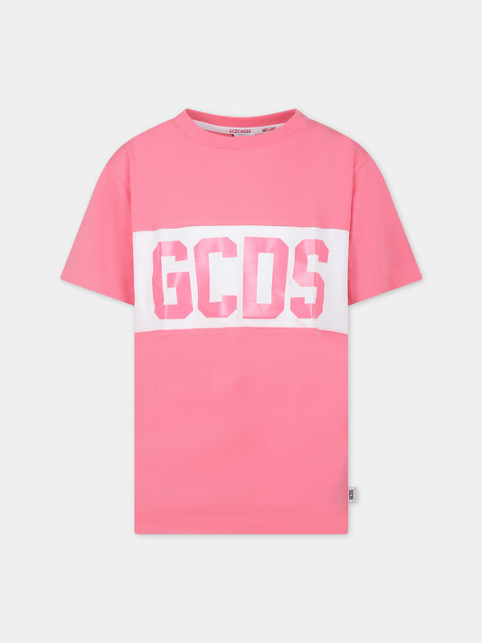T-shirt rosa per bambina con logo bianco,Gcds Kids,DNM005 LAA22 51452