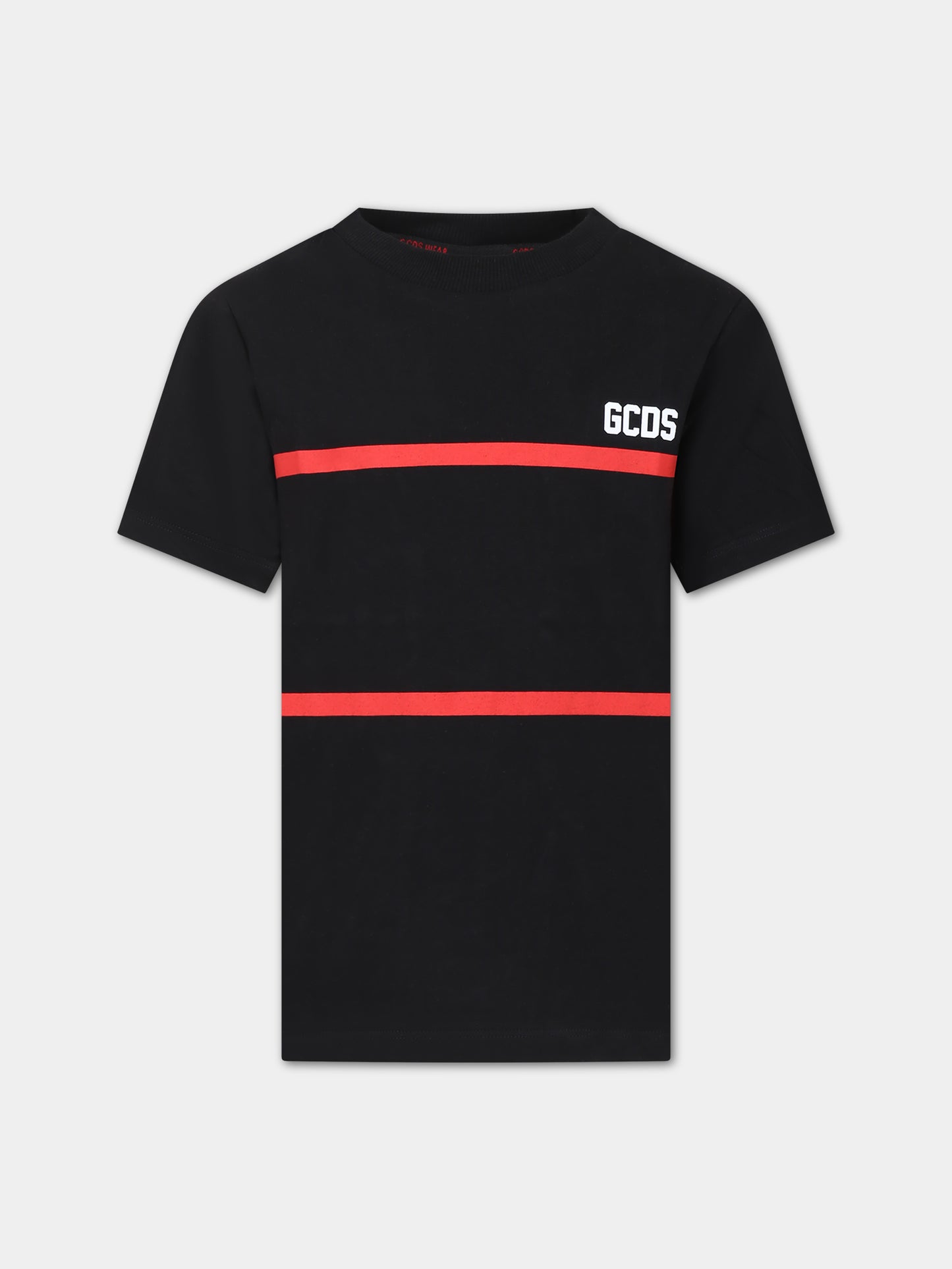 T-shirt nera per bambino con righe rosse,Gcds Kids,DUM00I LAA29 60100