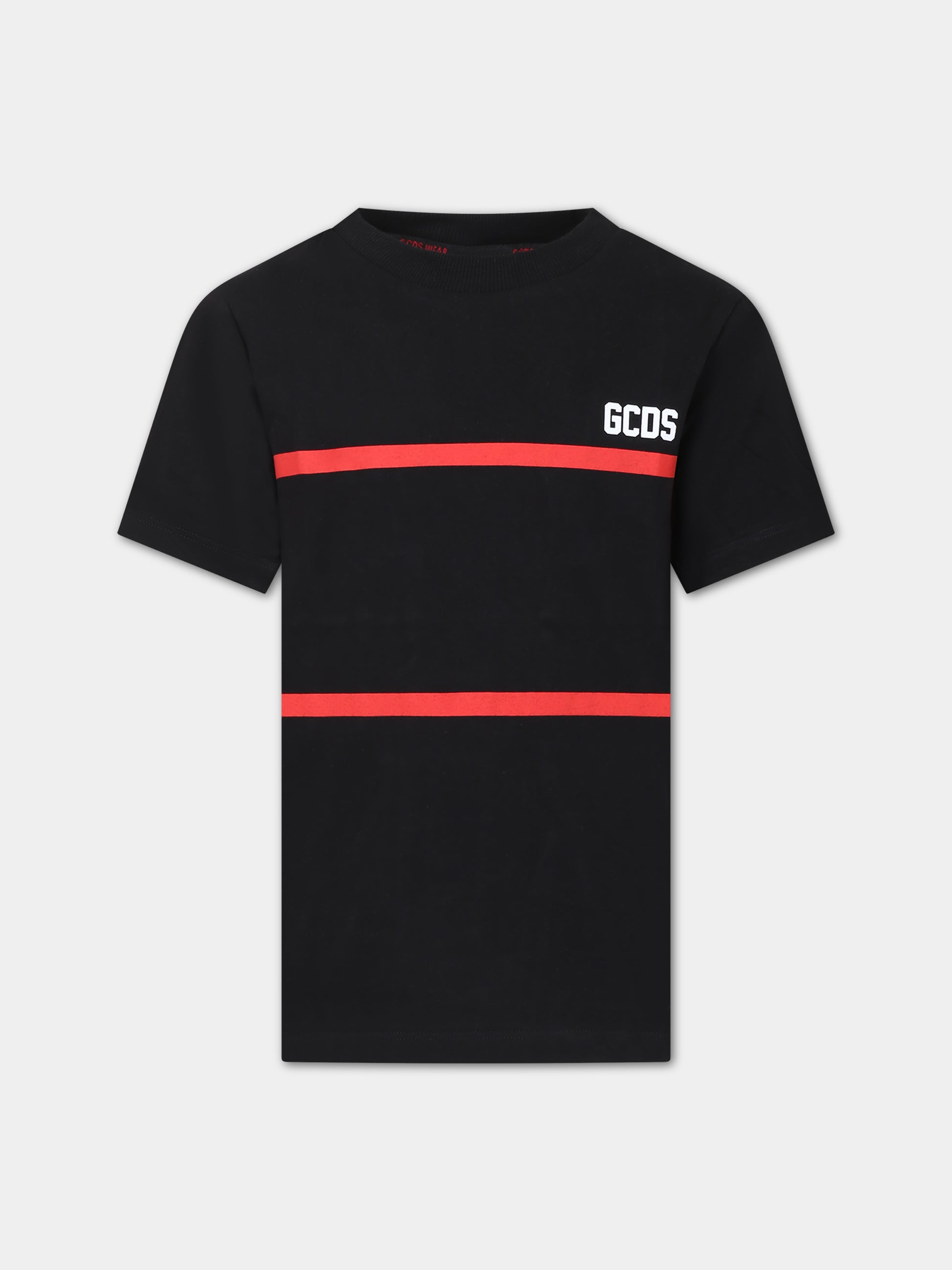 T-shirt nera per bambino con righe rosse,Gcds Kids,DUM00I LAA29 60100