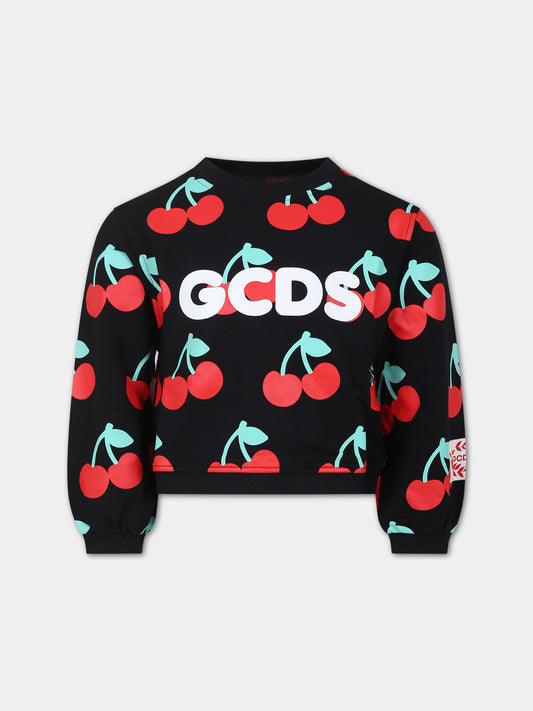 Felpa nera per bambina con ciliegie,Gcds Kids,DDF007 LDBA8 84342 