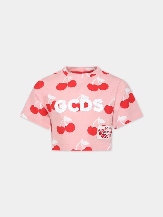T-shirt rosa per bambina con stampa ciliegie all-over,Gcds Kids,DDM00G LBB0C 84526