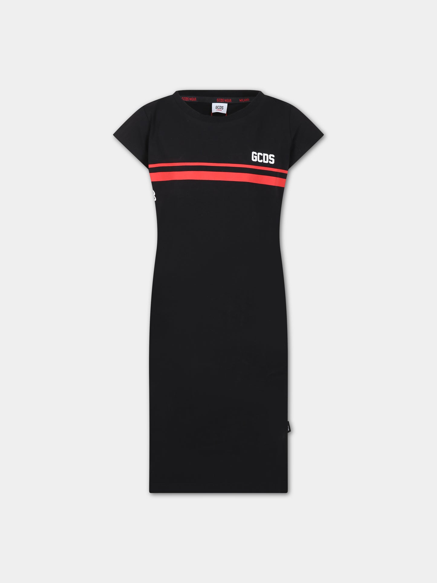 Abito nero per bambina con righe rosse e logo,Gcds Kids,DDV008 LBA36 60100
