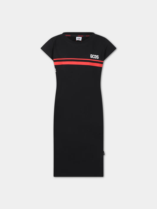 Abito nero per bambina con righe rosse e logo,Gcds Kids,DDV008 LBA36 60100