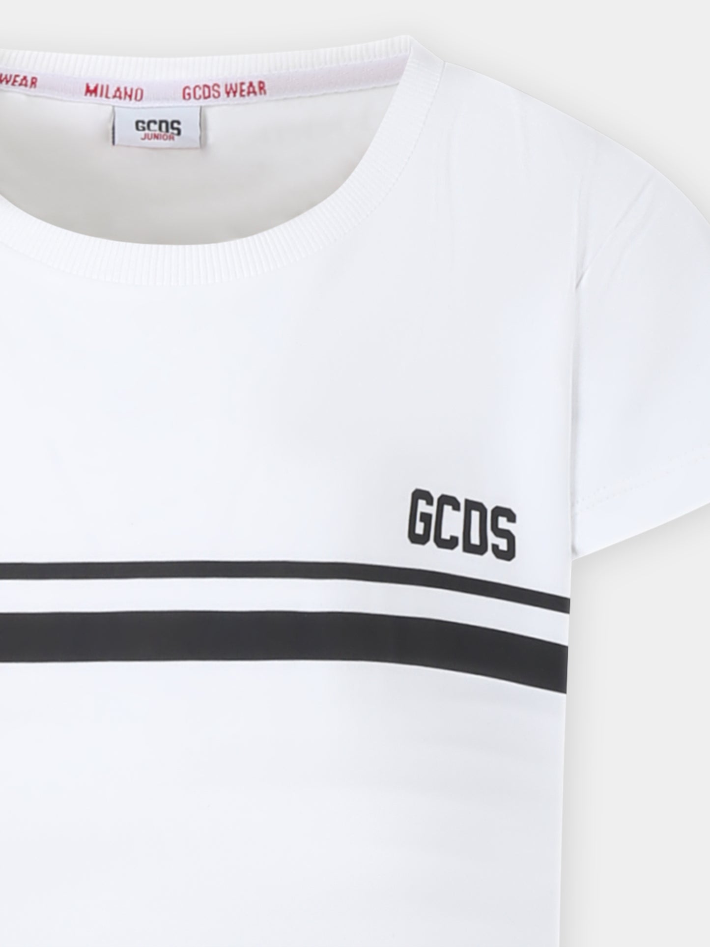 Abito bianco per bambina con righe rosse e logo,Gcds Kids,DDV008 LBA36 10101