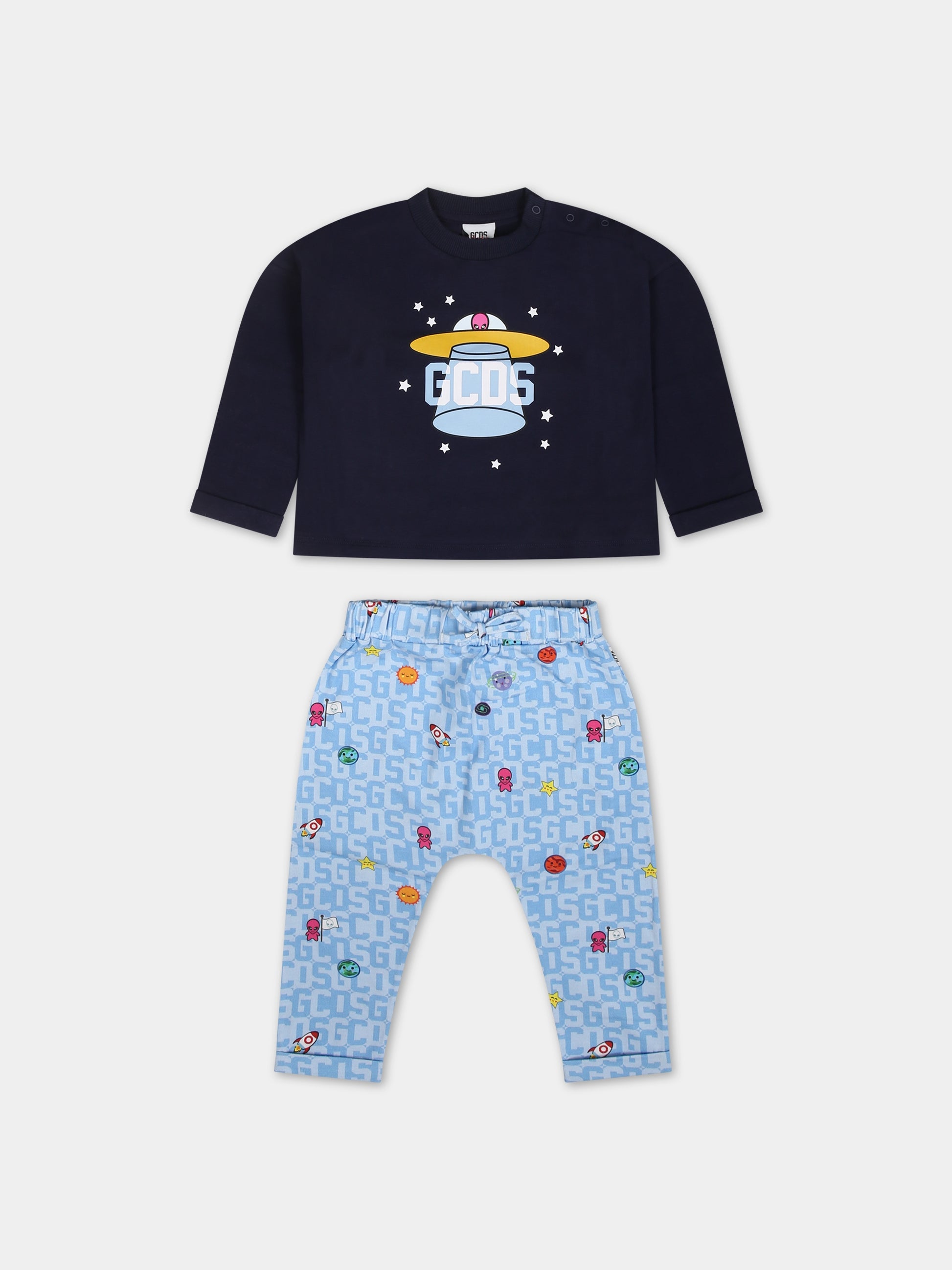Pigiama blu per neonato con stampa alieno e logo,Gcds Kids,GUK00F LBBC7 85660