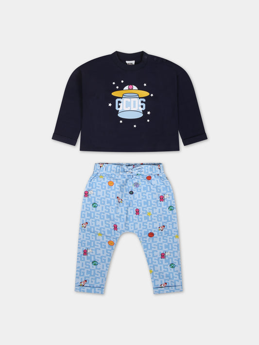 Pigiama blu per neonato con stampa alieno e logo,Gcds Kids,GUK00F LBBC7 85660