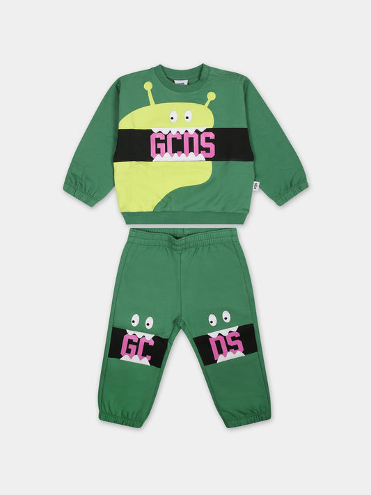 Completo verde per neonato con mostro e logo,Gcds Kids,GUK00D LDA04 30046