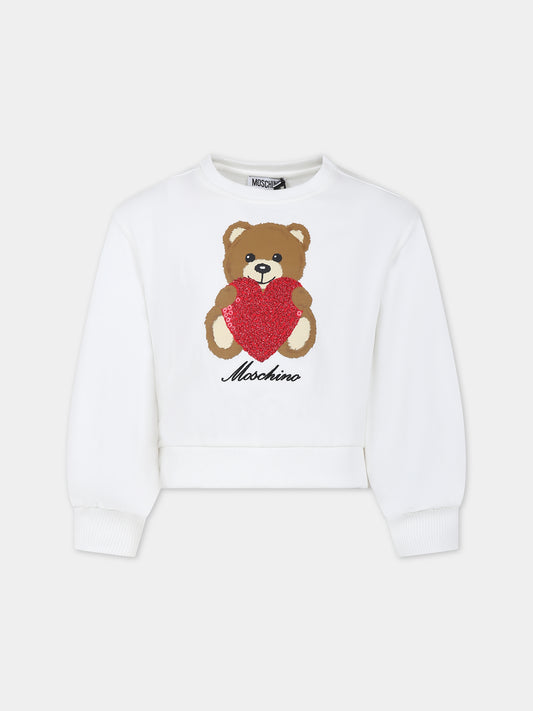 Felpa bianca per bambina con Teddy Bear e cuore,Moschino Kids,HDF05E LDA14 10063