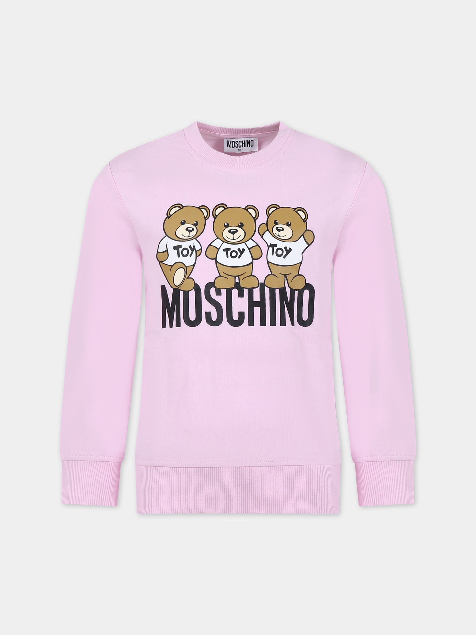 Felpa rosa per bambina con Teddy Bears e logo,Moschino Kids,HUF07R LCA40 51684