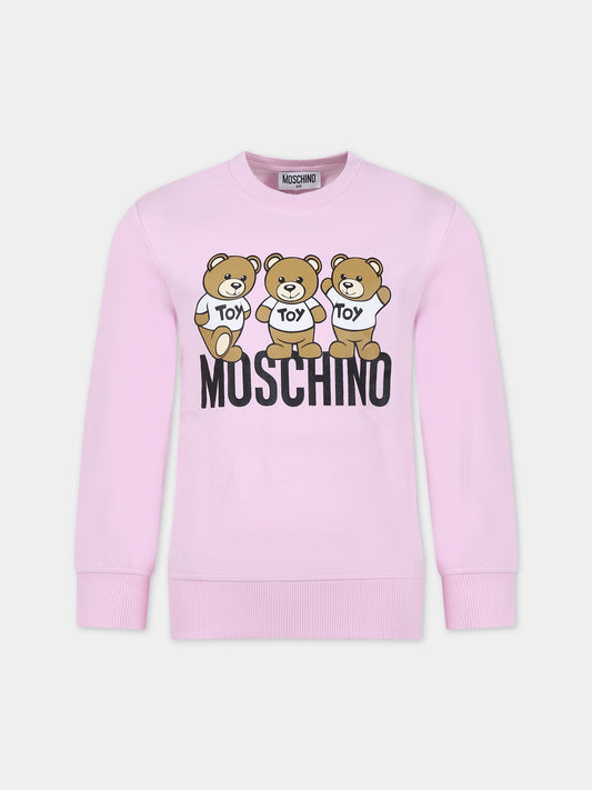 Felpa rosa per bambina con Teddy Bears e logo,Moschino Kids,HUF07R LCA40 51684
