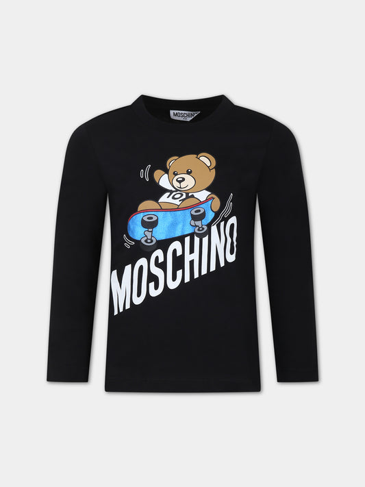 T-shirt nera per bambino con Teddy Bear e skateboard,Moschino Kids,HUO00S LAA20 60100