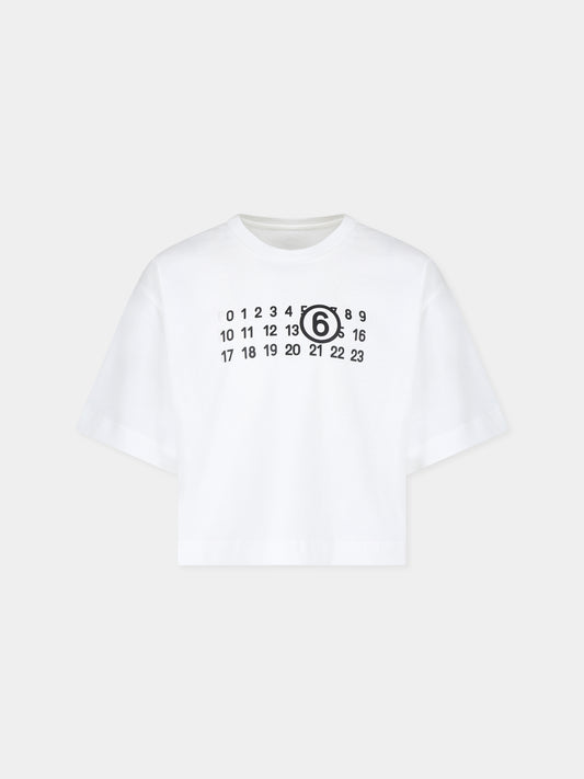 T-shirt crop bianca per bambina con stampa numeri,Mm6 Maison Margiela,M60672 MM04I MM6T105U M6102