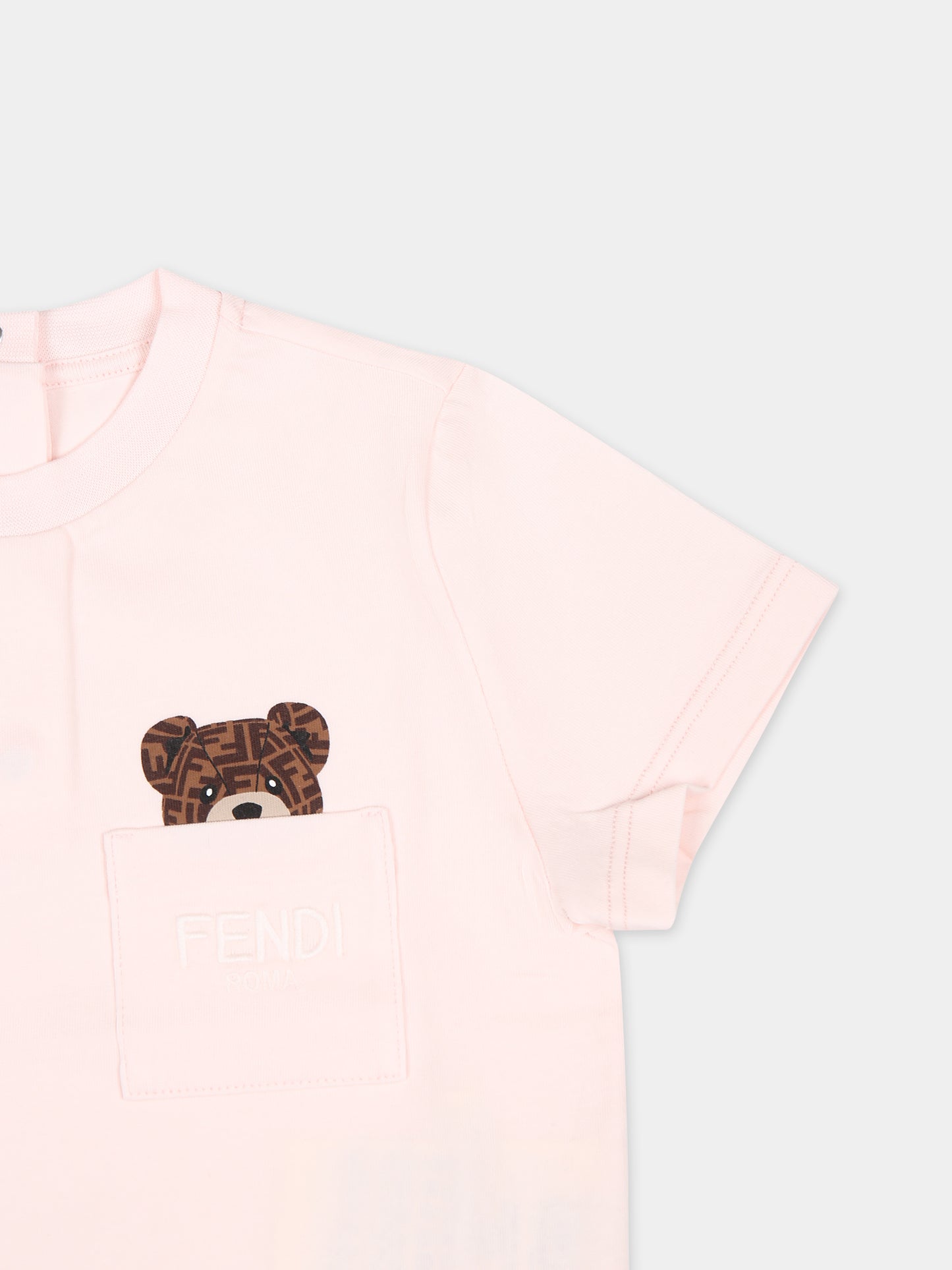 T-shirt rosa per neonata con orsetto Fendi,Fendi Kids,BUI083 ST8 F0C11