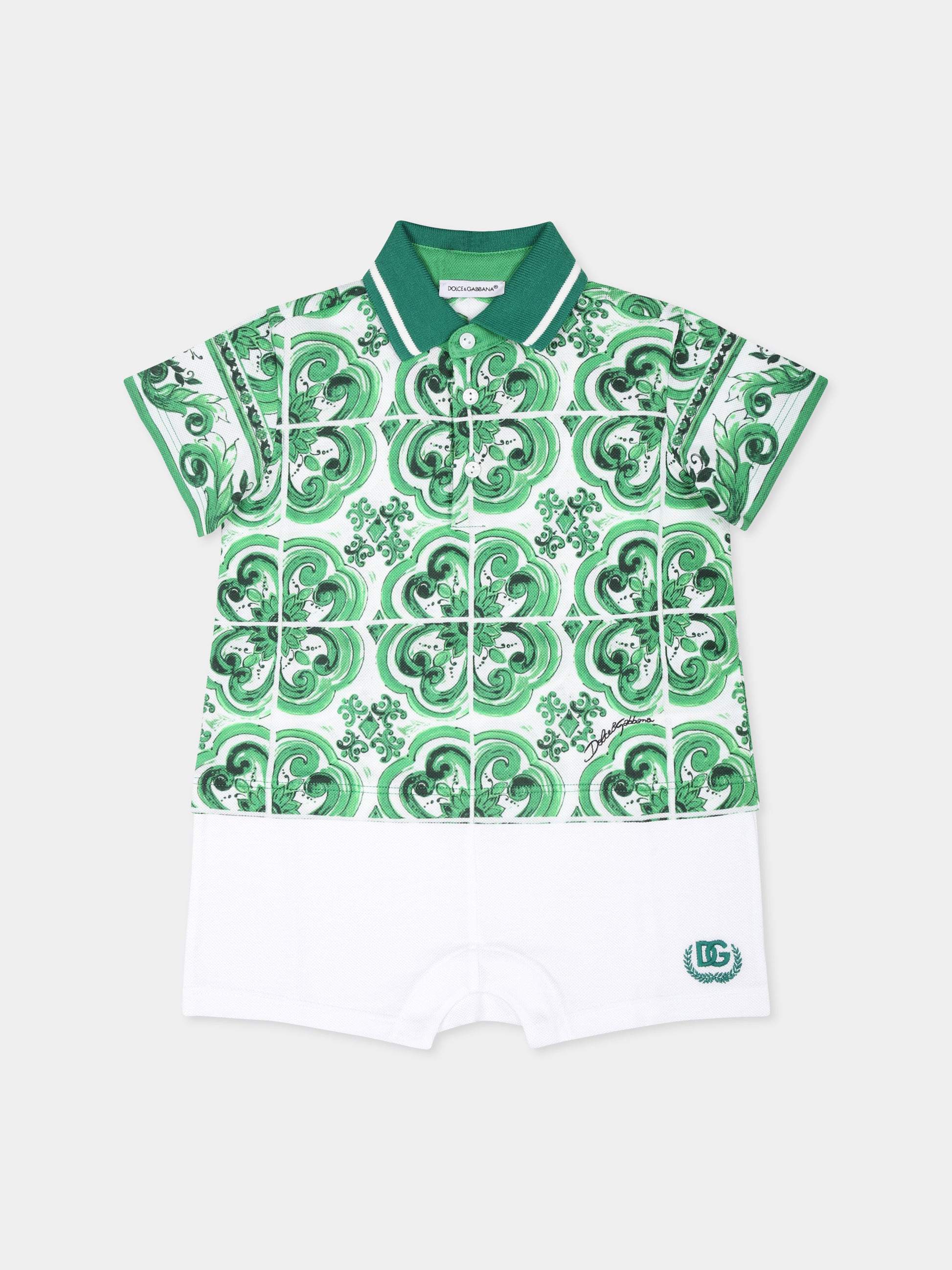 Pagliaccetto verde per neonato con stampa maiolica verde e logo,Dolce & Gabbana Kids,L1JO7A G7NVD S9000
