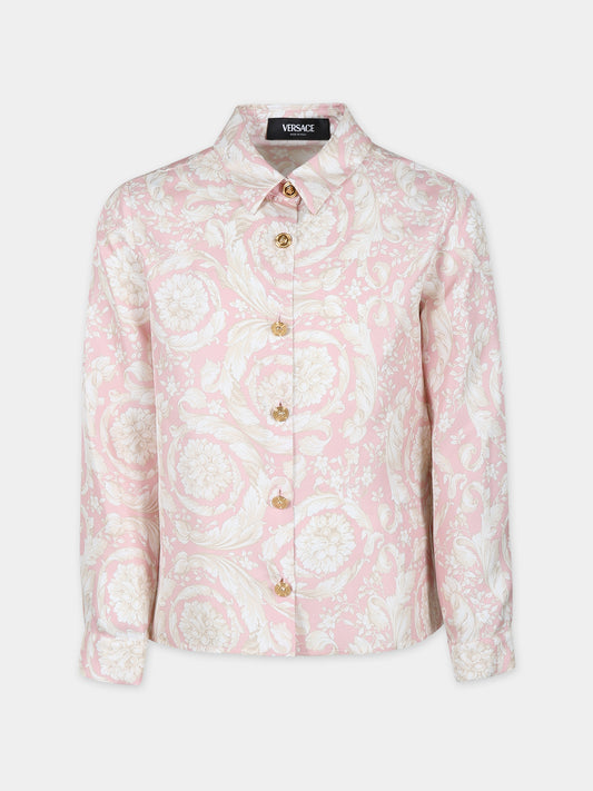 Camicia rosa per bambina con stampa barocco,Versace,1000190 1A11195 5PB30