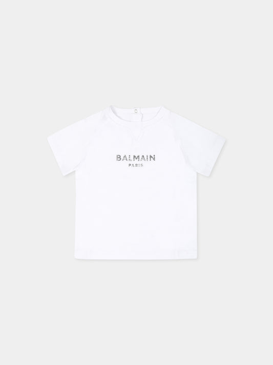 T-shirt bianca per neonata con logo,Balmain Kids,BV8511 Z0057 100AG