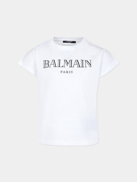 T-shirt bianca per bambina con logo,Balmain Kids,BV8A81 Z1751 100NE