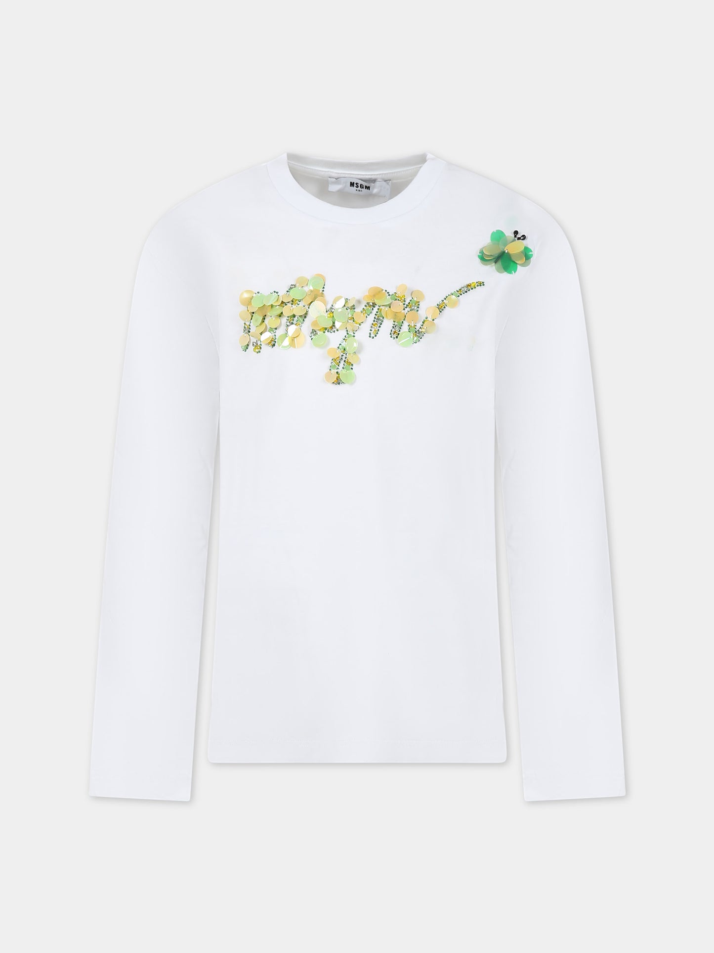 T-shirt bianca per bambina con logo e paillettes,Msgm Kids,F3MSJGTH062 001