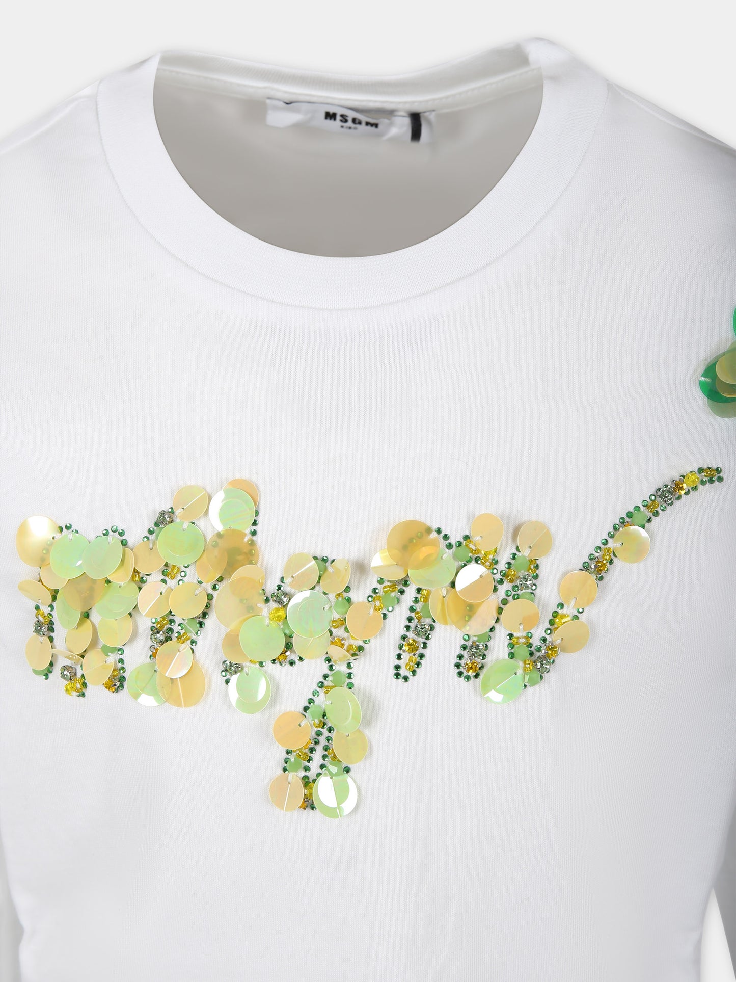 T-shirt bianca per bambina con logo e paillettes,Msgm Kids,F3MSJGTH062 001