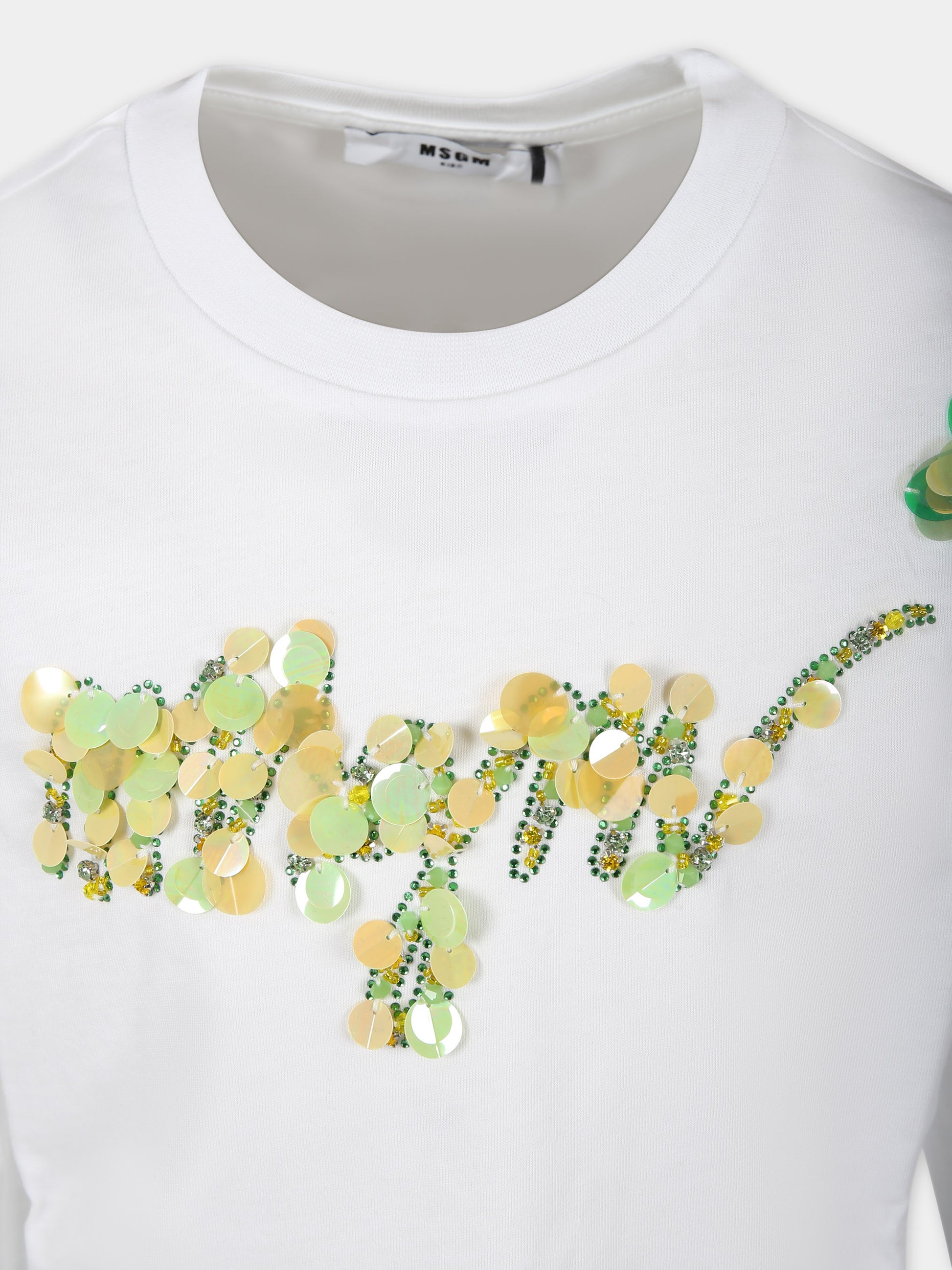 T-shirt bianca per bambina con logo e paillettes,Msgm Kids,F3MSJGTH062 001
