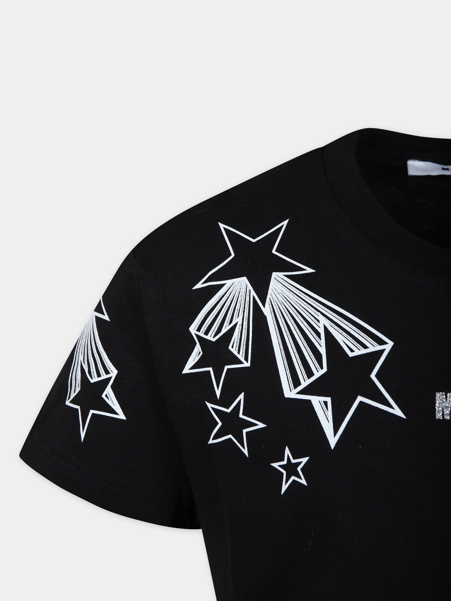 T-shirt nera per bambina con logo e stelle,Msgm Kids,F3MSJGTH135 110