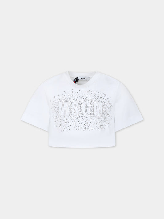 T-shirt bianca per bambina con logo e stelle,Msgm Kids,F3MSJGTH136 001