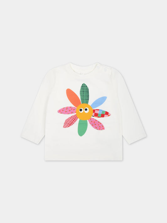 T-shirt avorio per neonata con stampa fiore multicolor,Stella Mccartney Kids,TT8010 Z0434 101