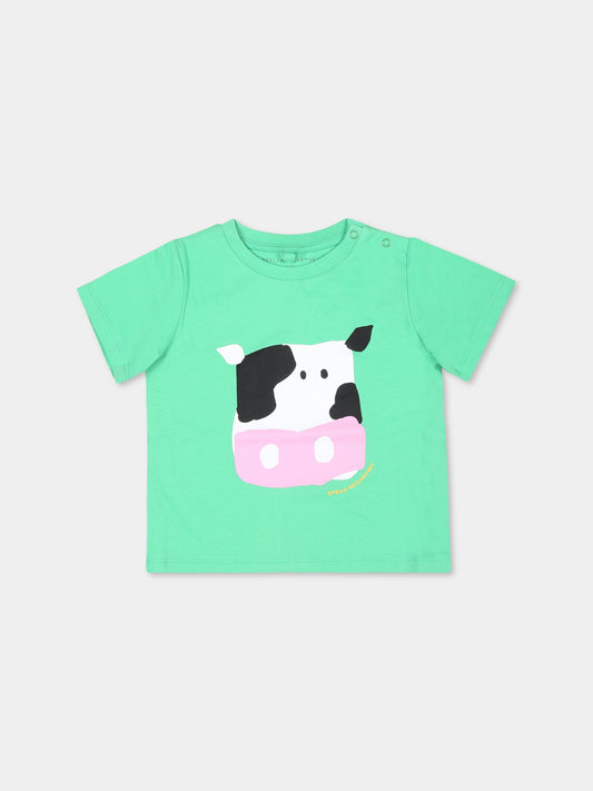 T-shirt verde per neonati con stampa mucca,Stella Mccartney Kids,TV8601 Z0434 747