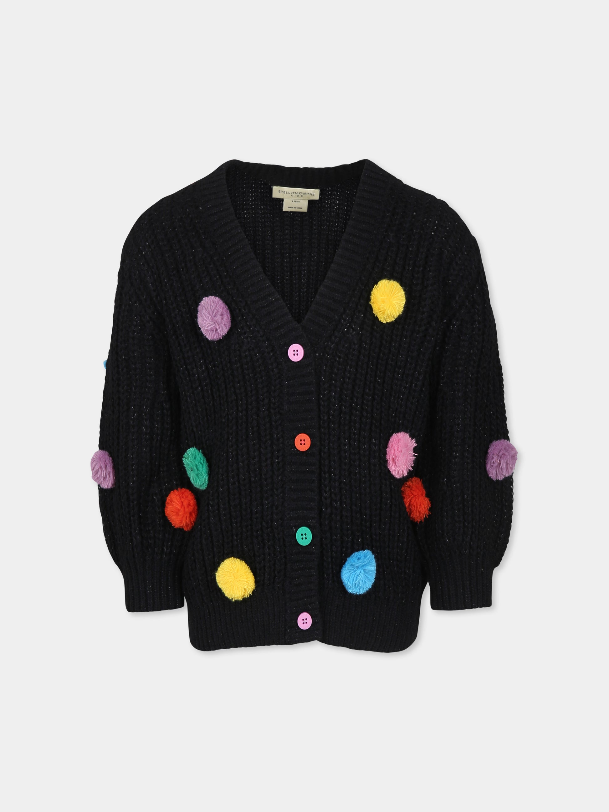 Cardigan nero per bambina con pom pon,Stella Mccartney Kids,TV9C40 Z1529 930