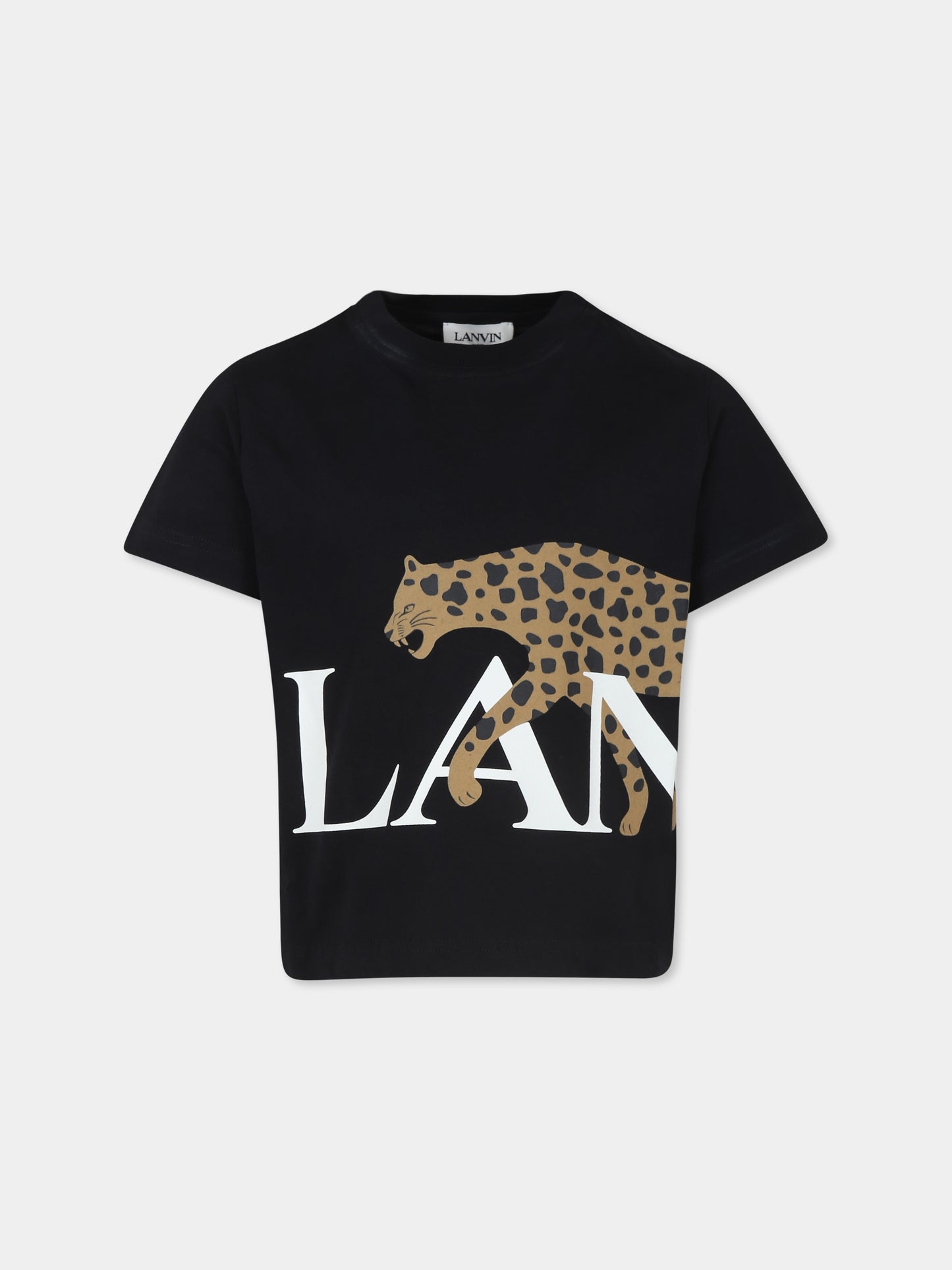 T-shirt nera per bambini con stampa ghepardo e logo,Lanvin Petite,N30150 09B