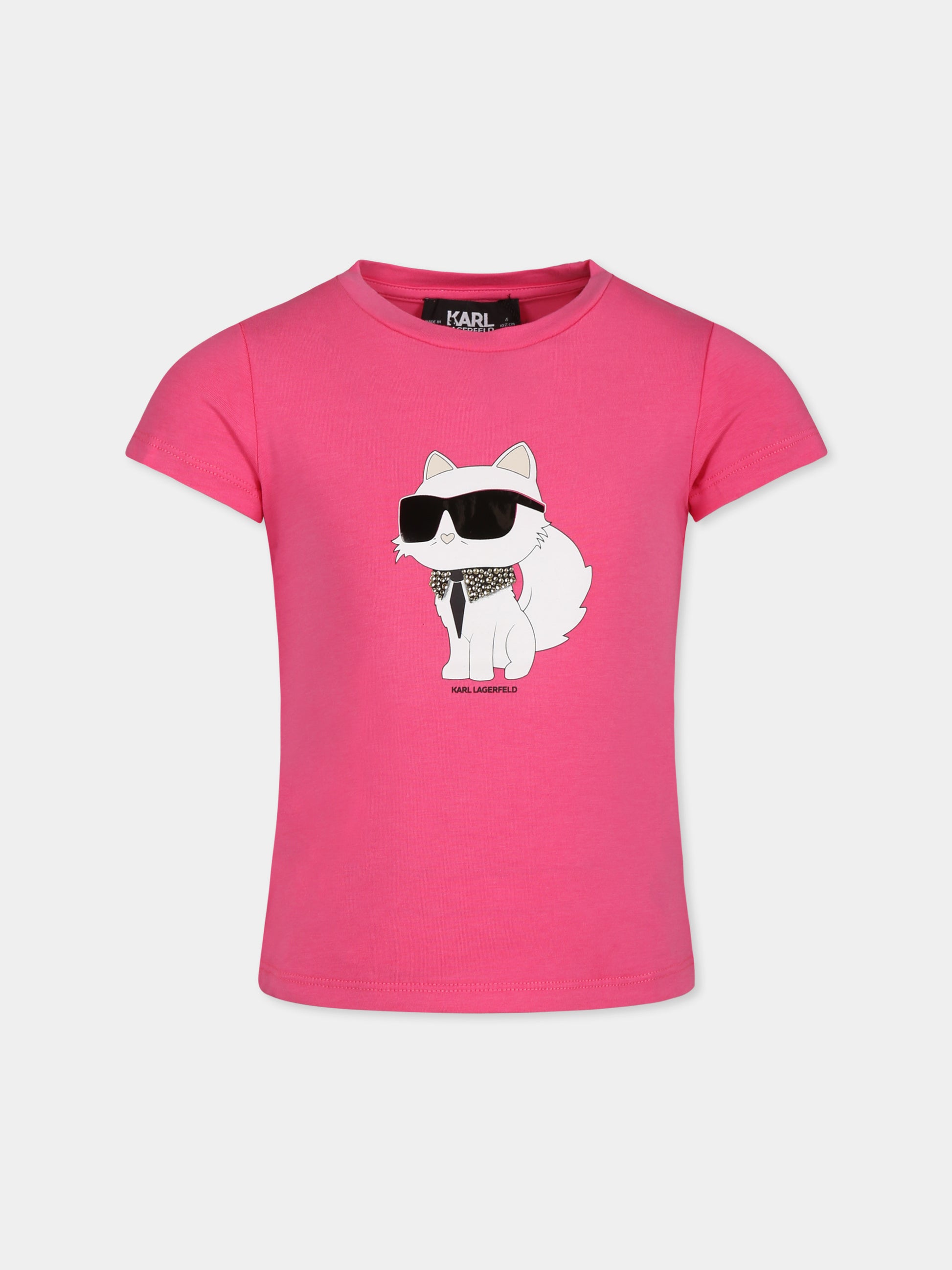 T-shirt fucsia per bambina con stampa Choupette,Karl Lagerfeld Kids,Z30366 46A