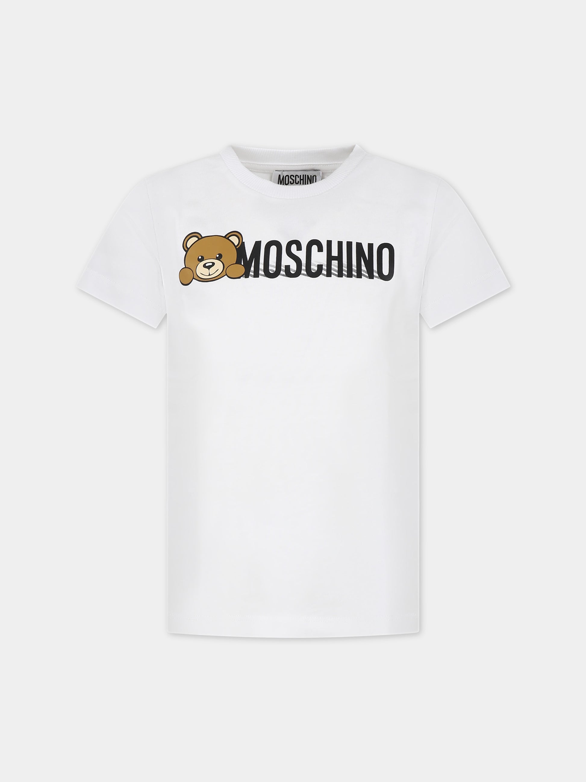 T-shirt bianca per bambini con Teddy Bear e logo,Moschino Kids,HWM03U LAA34 10101